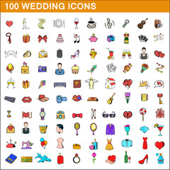 100 wedding icons set, cartoon style
