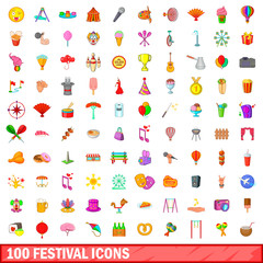 100 festival icons set, cartoon style