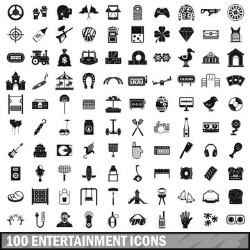 100 entertainment icons set, simple style 