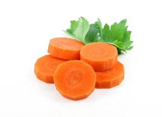 Fresh carrot with celery leaf on white background