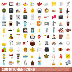 100 kitchen icons set, flat style