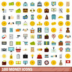 100 money icons set, flat style