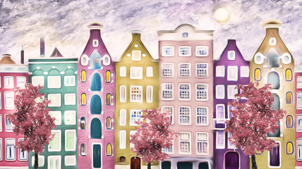 oil painting on canvas, street of Amsterdam. modern Artwork. house. red Tree. Netherlands © lisima