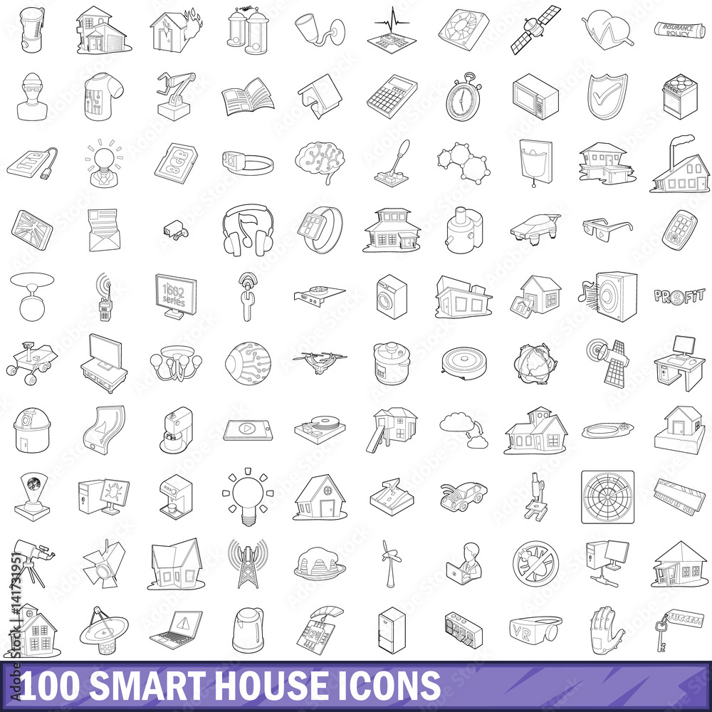 Wall mural 100 smart house icons set, outline style