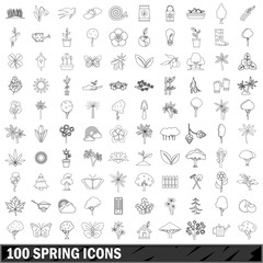 100 spring icons set, outline style