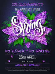 Vector spring party poster with lettering, lilac flowers and doodle branches - 141732173