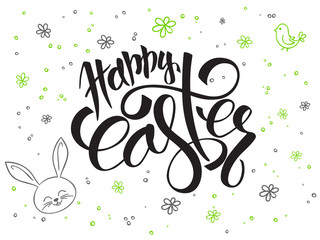 vector hand lettering greetings text - happy easter with doodle flowers, rabbit and bubbles