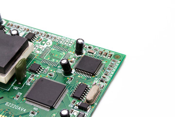 Close up of Computer circuit board on white background.