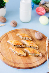 Turkish baklava made from nuts over easter table.