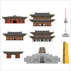 PrintSouth Korea country design flat cartoon elements. Travel landmark, Seoul tourism place. World vacation travel city sightseeing Asia building collection. Asian architecture isolated