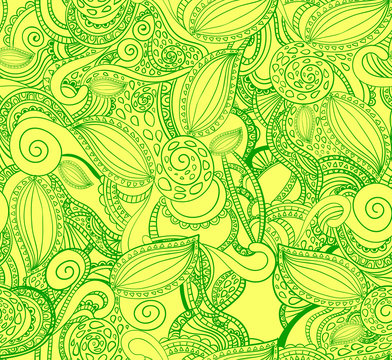 Seamless VECTOR doodle pattern, green on yellow.