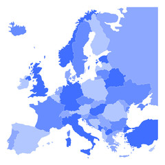 Political map of Europe in four shades of blue on white background. Vector illustration.