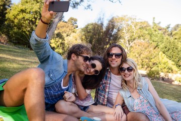 Friends clicking selfie while having picnic