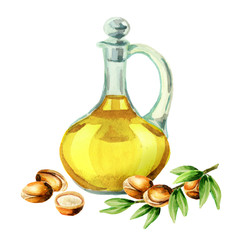 Hand drawn watercolor composition with  bottles of argan oil and a branch of nuts. Can be used as the background for postcards, booklet, leaflet, banner or flyer cosmetic or food products