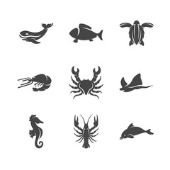 Modern icons set silhouettes of sea animals