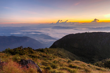 Layer of mountains and mist at sunset time, Landscape at Doi Luang Chiang Dao, High mountain in Chiang Mai Province, Thailand