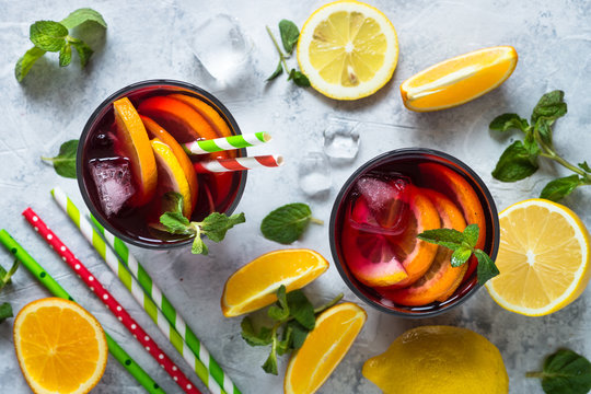Sangria with fruit mint and ice.
