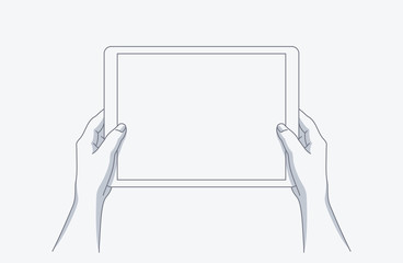 Hands holding a tablet. Line art modern vector illustration. Template for your design.