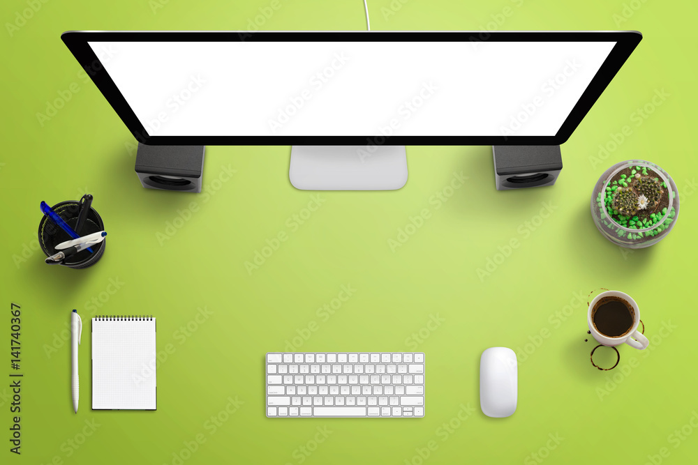 Poster creative top view desk scene with computer display, keyboard, mouse, coffee, pencils, plant and pad.