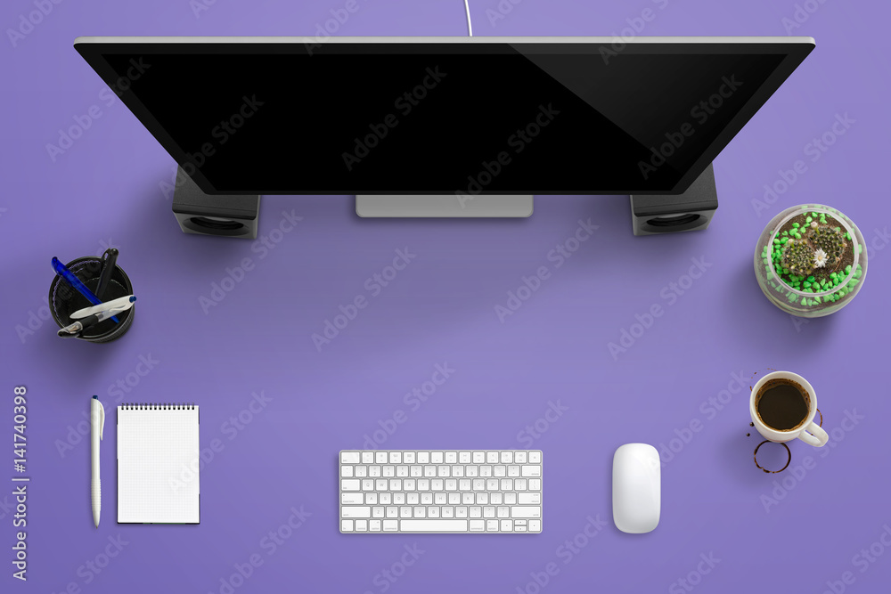 Aufkleber Modern desk surface studio for designers. Blank screen for text od design presentation. Free space in middle for text. Top view of purple desk.