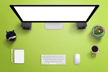 Creative top view desk scene with computer display, keyboard, mouse, coffee, pencils, plant and...