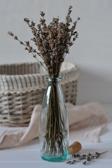 Bunch of dried lavender herb and lavender flowers in a jar