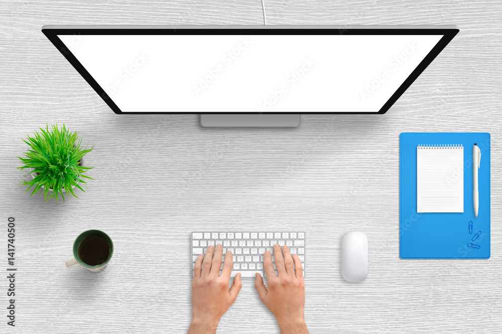 Aufkleber Work on computer with isolated white screen. Top view office desk scene with free space in middle for text. Blue folder with pad and pen beside.