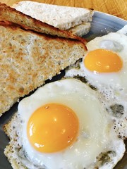Breakfast fried eggs with white unbuttered toast