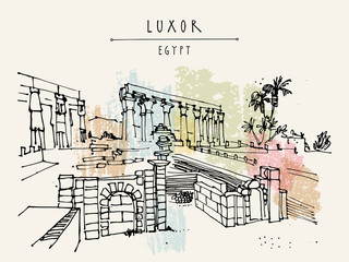 Obraz premium Luxor temple, Luxor, Egypt. Handdrawn touristic postcard, poster, calendar idea or book illustration