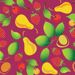 Ripe berries and fruits. Seamless pattern on maroon background. Design for textile, background theme site, poster. Design for food industry, farm products. The concept for the packaging.