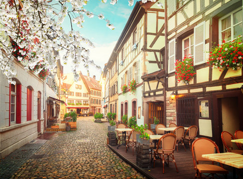 Fototapeta street of Petit France medieval district of Strasbourg at spring, Alsace France