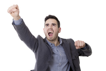 young man with expression of success isolated on white