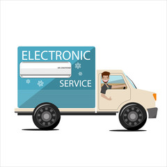 Smiling truck driver in the car. Delivery cargo service.Vector/Illustraion