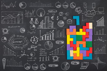 concept - sketch with schemes and graphs on chalkboard