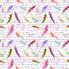 Feathers, hand written text. Watercolor seamless pattern for wallpaper