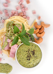 Italian pasta spaghetti with pesto sauce and basil leaf