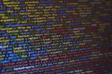 Computer programming coding screen source script of developer software at computing work. Modern digital data bits of technology, abstract background on monitor. Black color.