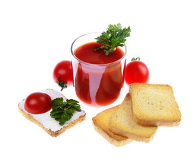 Fototapeta na wymiar glass full of freshly prepared tomato juice isolated on white background