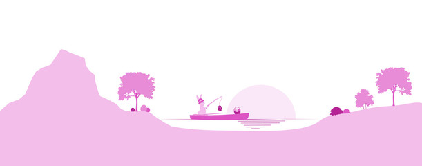 Happy Easter. Rabbit in a boat with fishing rod and eggs in a pink landscape.