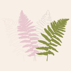 Floral background with hand drawn wild  fern leaves in green, pink and gray pastel colors.