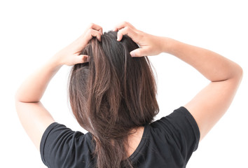Closeup woman hand itchy scalp, Hair care concept