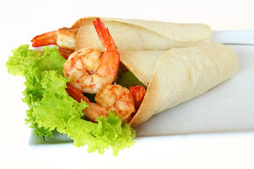 Burritos wraps with shrimp and vegetables.