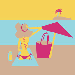 Woman sitting on the beach and sunbathing. Vector illustration. Palm, beach umbrella.