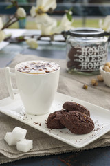 rustic cookies with cocoa and pistachios on white tray, ceramic foam cup with cappuccino and cocoa powder, sugar cubes, cloth tablecloth and other kitchen items in the background