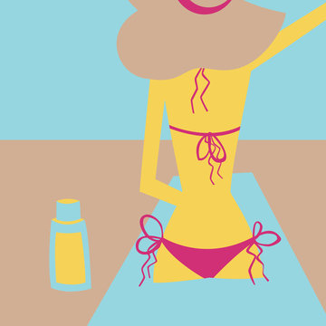 Woman sitting on the beach and sunbathing. Vector illustration. Palm, beach umbrella.