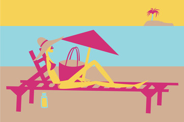 Summer holidays. Woman lying on the deckchair on the beach and sunbathing. Vector illustration.