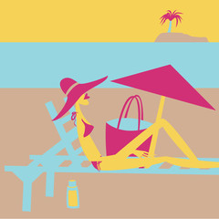 Summer holidays. Woman lying on the deckchair on the beach and sunbathing. Vector illustration.