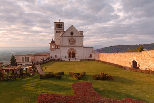 Europe,Italy,Perugia distict,Assisi..The Basilica of St. Francis at sunset