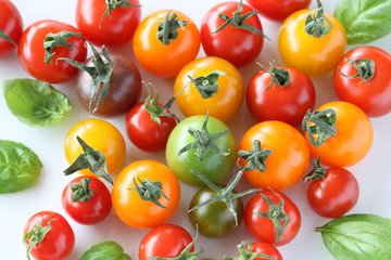 Fresh different color cherry tomatoes with basil 
