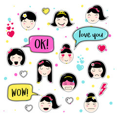 Set of cute patch badges. Girl emoji with different emotions and hairstyles. Kawaii emoticons, speech bubbles ok, love you, wow. Set of stickers, pins in anime style. Isolated vector illustration.